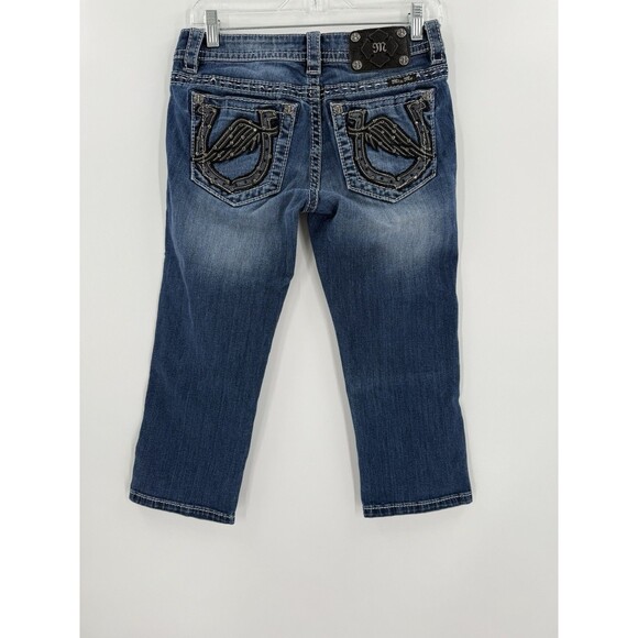 Miss Me Signature Capris Jeans Size 27 Horseshoe Angel Wings 30" x  20.5" EUC - Picture 1 of 16
